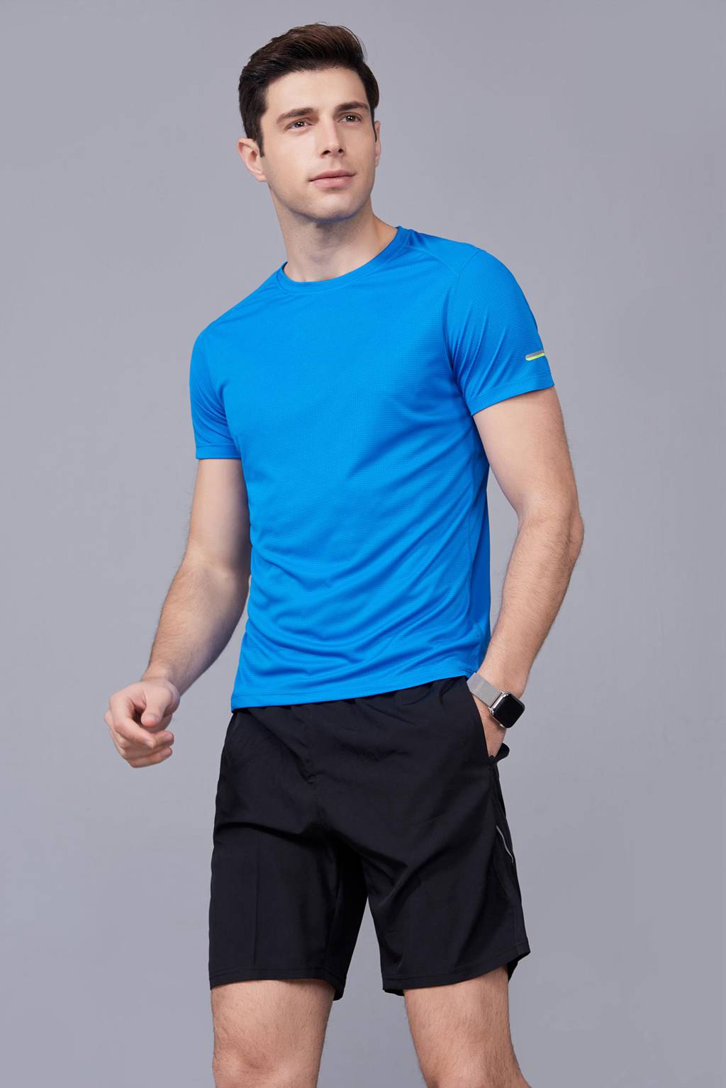 超彈力純色上衣 夏季男裝T恤文化衫 湖藍(lán)【圓領(lǐng)】